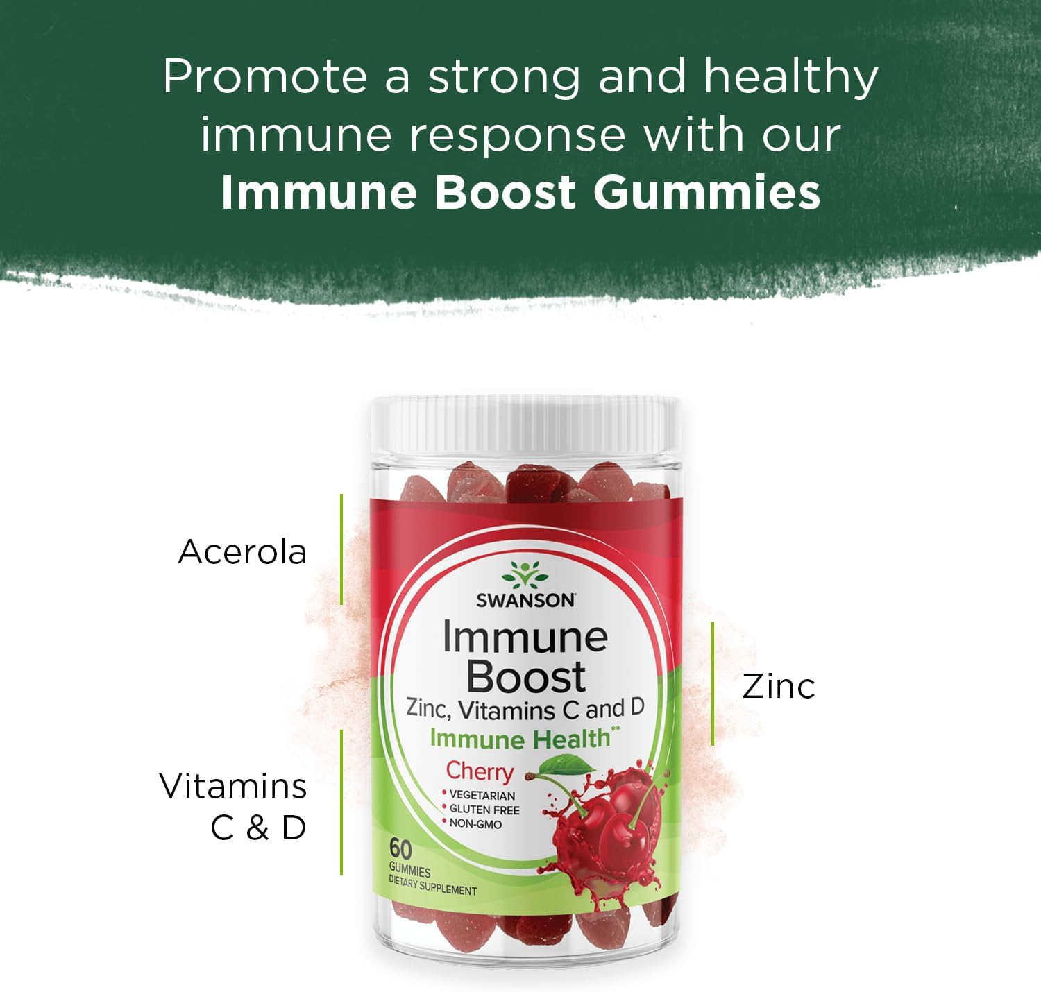 60 Cherry Gummies with Acerola, Zinc, Vitamin C & D for Immune Support