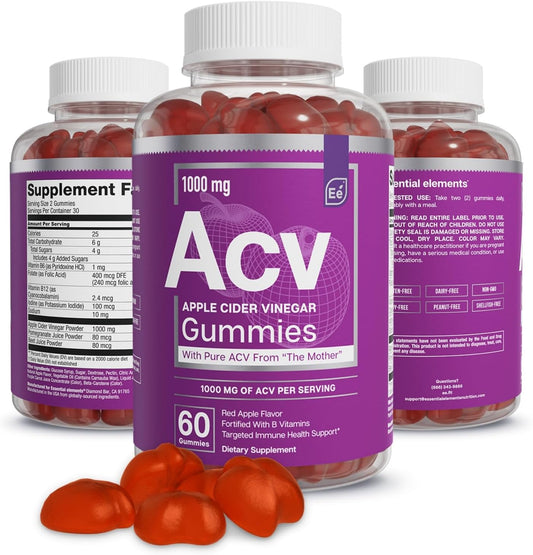 60 Count (3 Pack) Apple Cider Vinegar Gummies with Essential Mother Elements