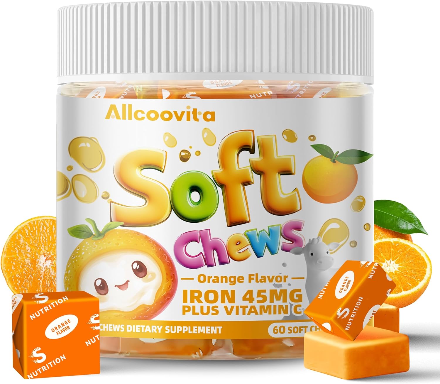 60 Count Allcoovita Iron Soft Chew Supplement with Vitamin C - Orange Flavored - Gluten Free Iron Supplement for Women Men and Kids - 2 Month Supply
