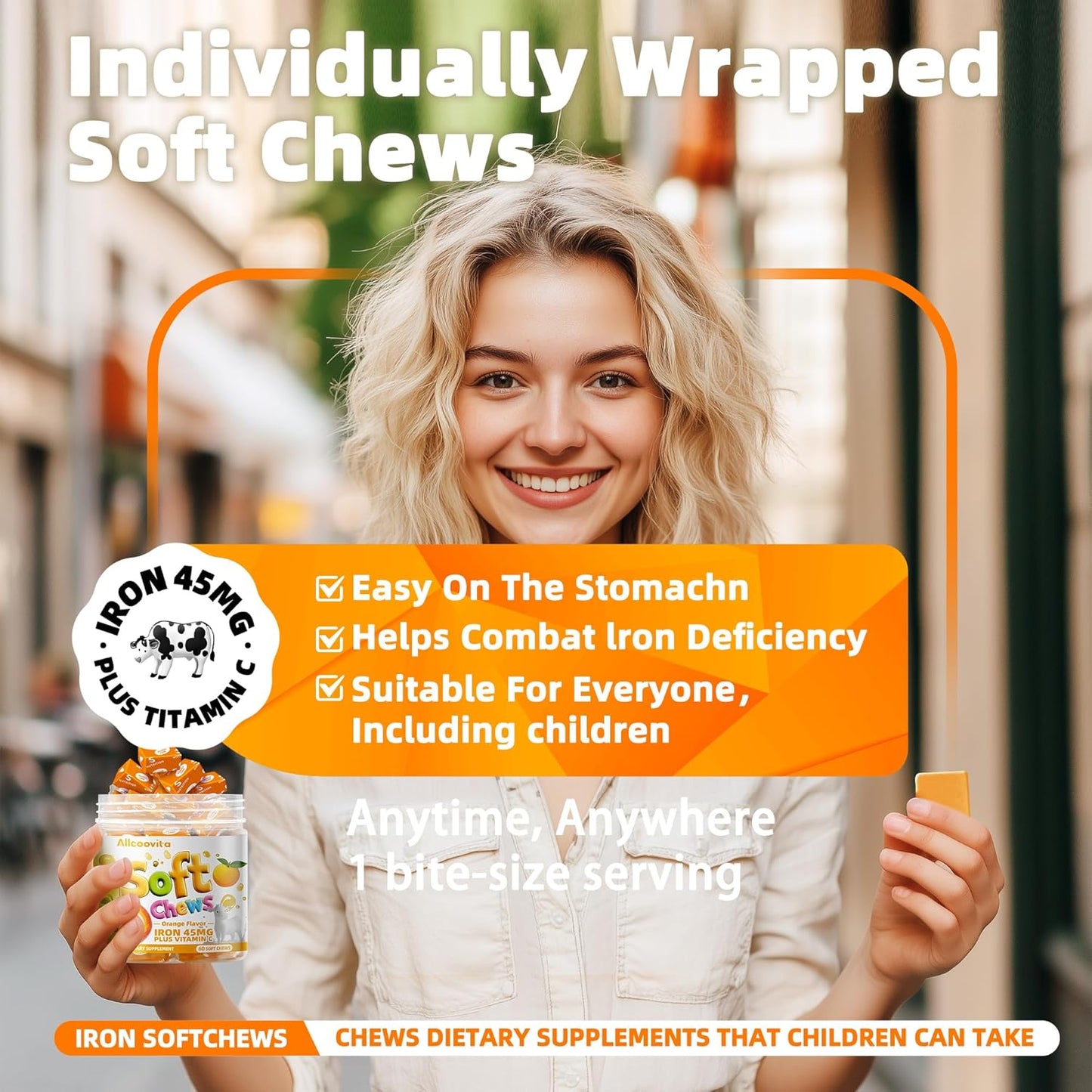 60 Count Allcoovita Iron Soft Chew Supplement with Vitamin C - Orange Flavored - Gluten Free Iron Supplement for Women Men and Kids - 2 Month Supply