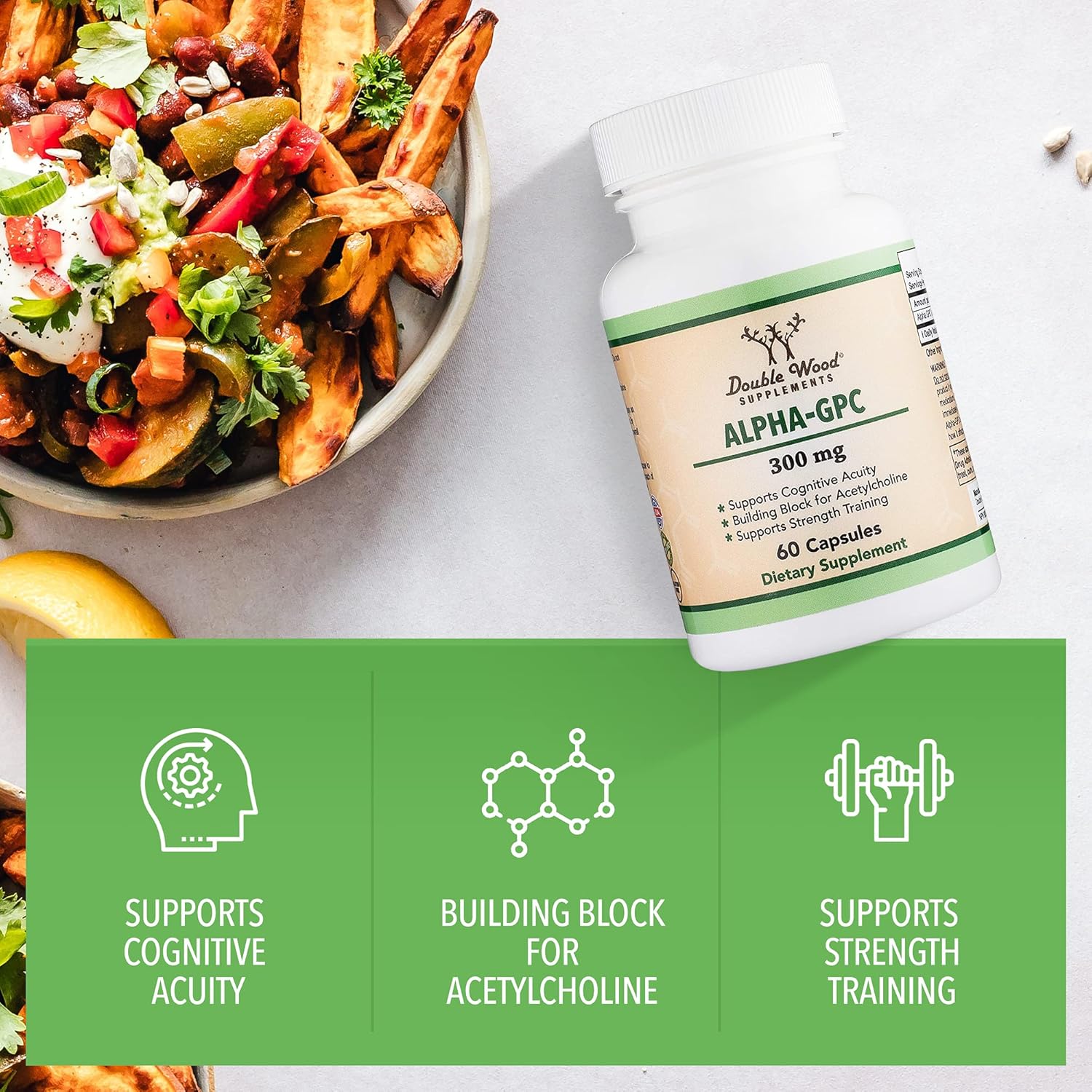 60 Count Alpha GPC Choline Capsules - 600mg Servings - Brain Support Aid for Focus, Memory, Motivation, Energy - Made in USA - Brain Support Supplement by Double Wood Supplements