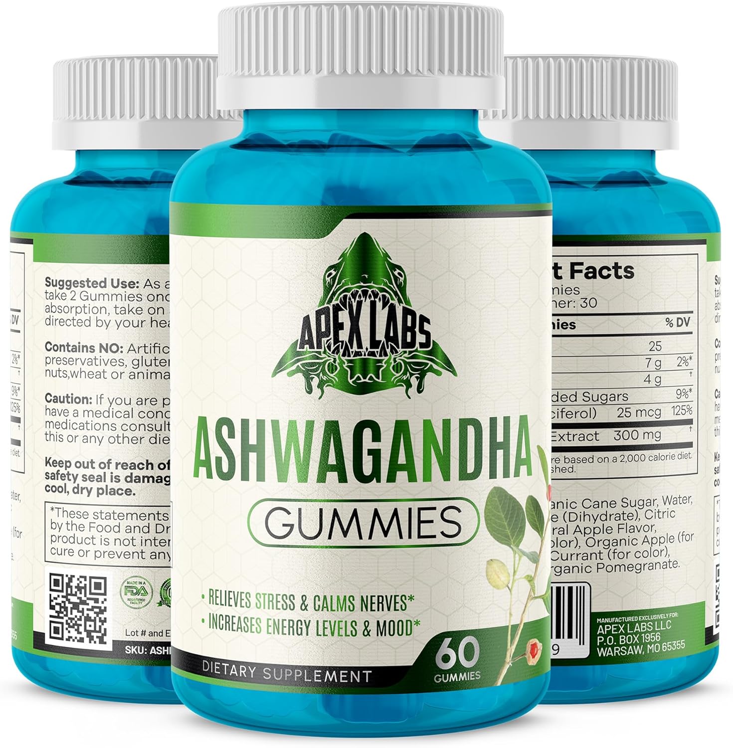60-Count Apex Labs Ashwagandha Gummies: Mixed Berry Flavor, KSM-66, Vegan, Plant-Based, Non-GMO, Gluten-Free & Gelatin-Free for Relaxation
