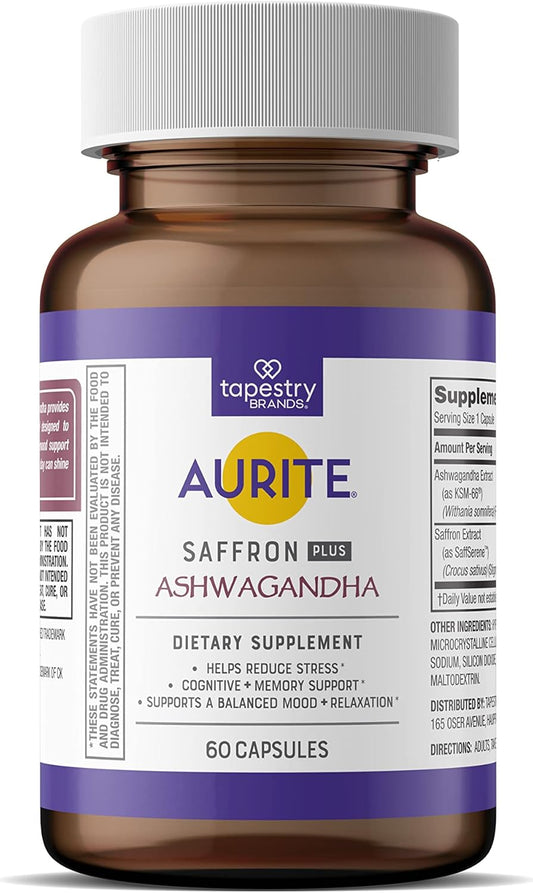 60 Count Aurite Saffron Ashwagandha Supplement for Stress Management & Mood Support - Memory Boost for Women & Men - Vegetarian, Non-GMO, Gluten-Free, Soy-Free (2 Month Supply)