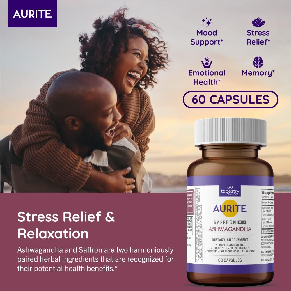 60 Count Aurite Saffron Ashwagandha Supplement for Stress Management & Mood Support - Memory Boost for Women & Men - Vegetarian, Non-GMO, Gluten-Free, Soy-Free (2 Month Supply)