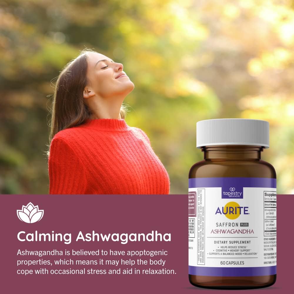 60 Count Aurite Saffron Ashwagandha Supplement for Stress Management & Mood Support - Memory Boost for Women & Men - Vegetarian, Non-GMO, Gluten-Free, Soy-Free (2 Month Supply)
