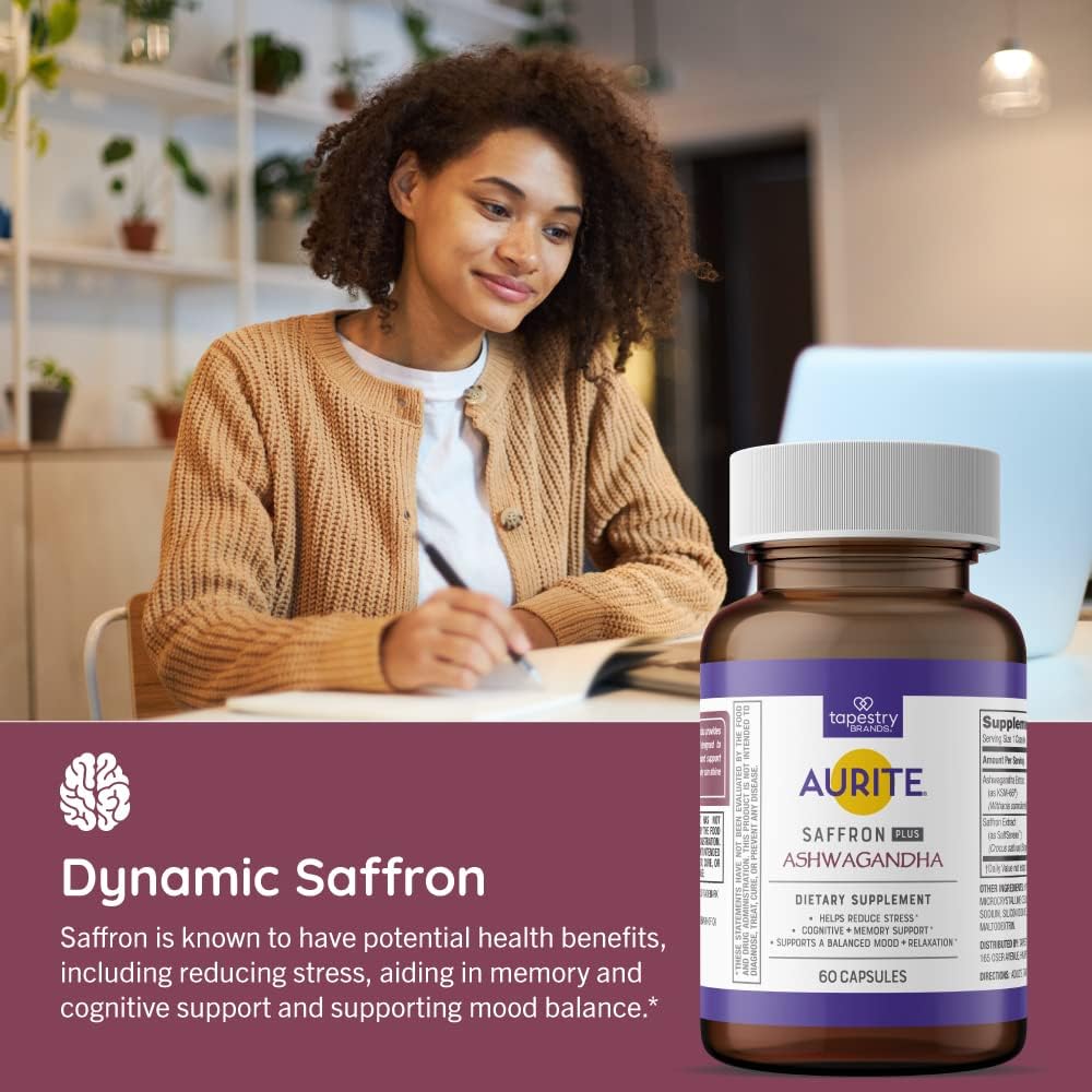 60 Count Aurite Saffron Ashwagandha Supplement for Stress Management & Mood Support - Memory Boost for Women & Men - Vegetarian, Non-GMO, Gluten-Free, Soy-Free (2 Month Supply)