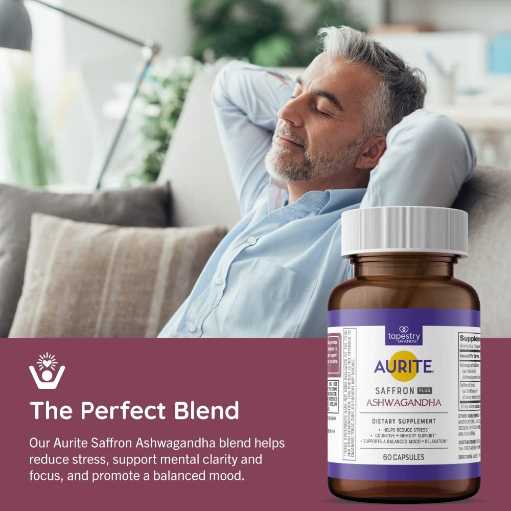 60 Count Aurite Saffron Ashwagandha Supplement for Stress Management & Mood Support - Memory Boost for Women & Men - Vegetarian, Non-GMO, Gluten-Free, Soy-Free (2 Month Supply)