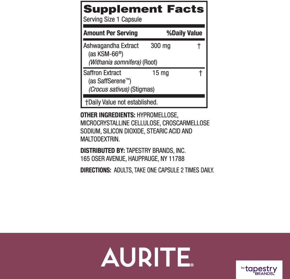 60 Count Aurite Saffron Ashwagandha Supplement for Stress Management & Mood Support - Memory Boost for Women & Men - Vegetarian, Non-GMO, Gluten-Free, Soy-Free (2 Month Supply)