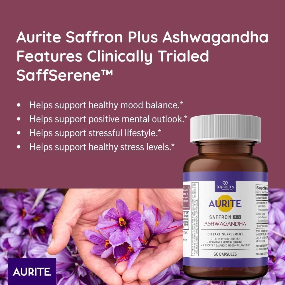 60 Count Aurite Saffron Ashwagandha Supplement for Stress Management & Mood Support - Memory Boost for Women & Men - Vegetarian, Non-GMO, Gluten-Free, Soy-Free (2 Month Supply)