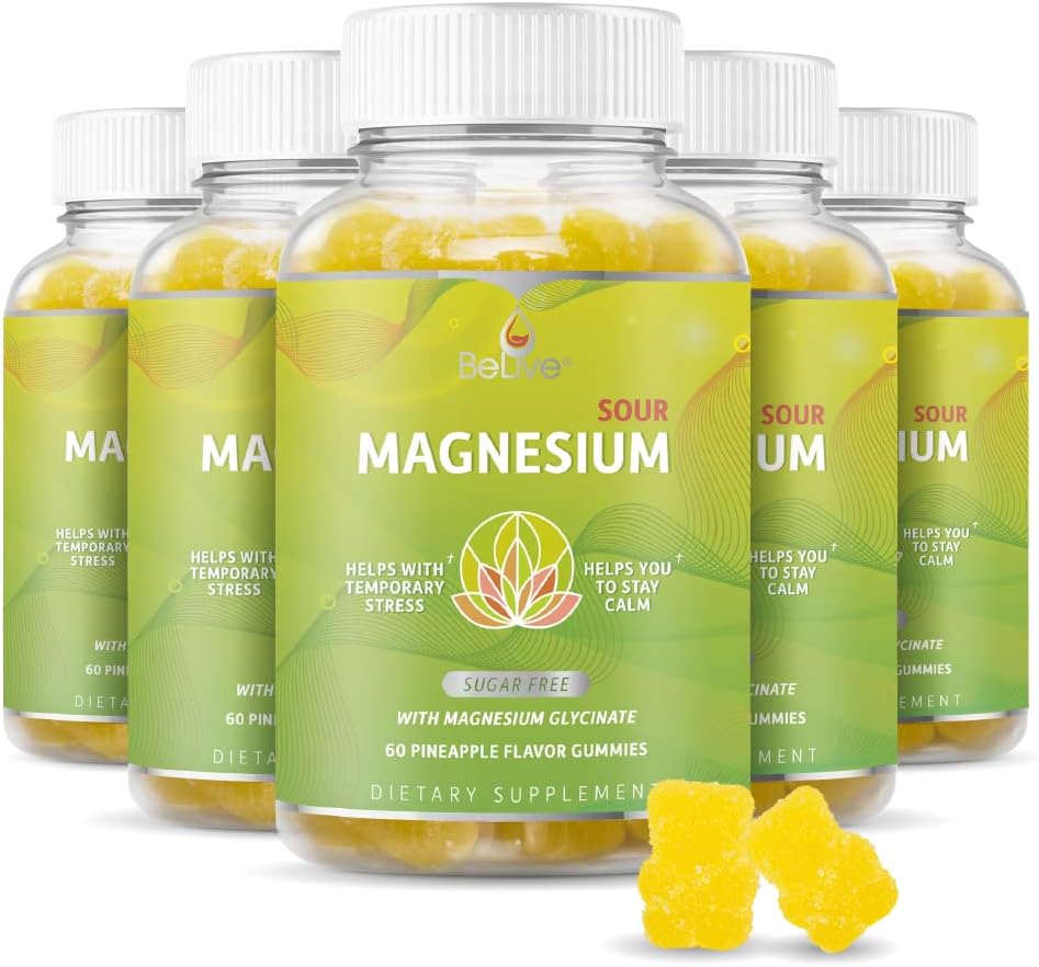 60 Count BeLive Magnesium Gummies 200mg - Pineapple Flavor for Adults & Kids | Glycinate Supplements for Relaxation, Stress Relief, and Sleep