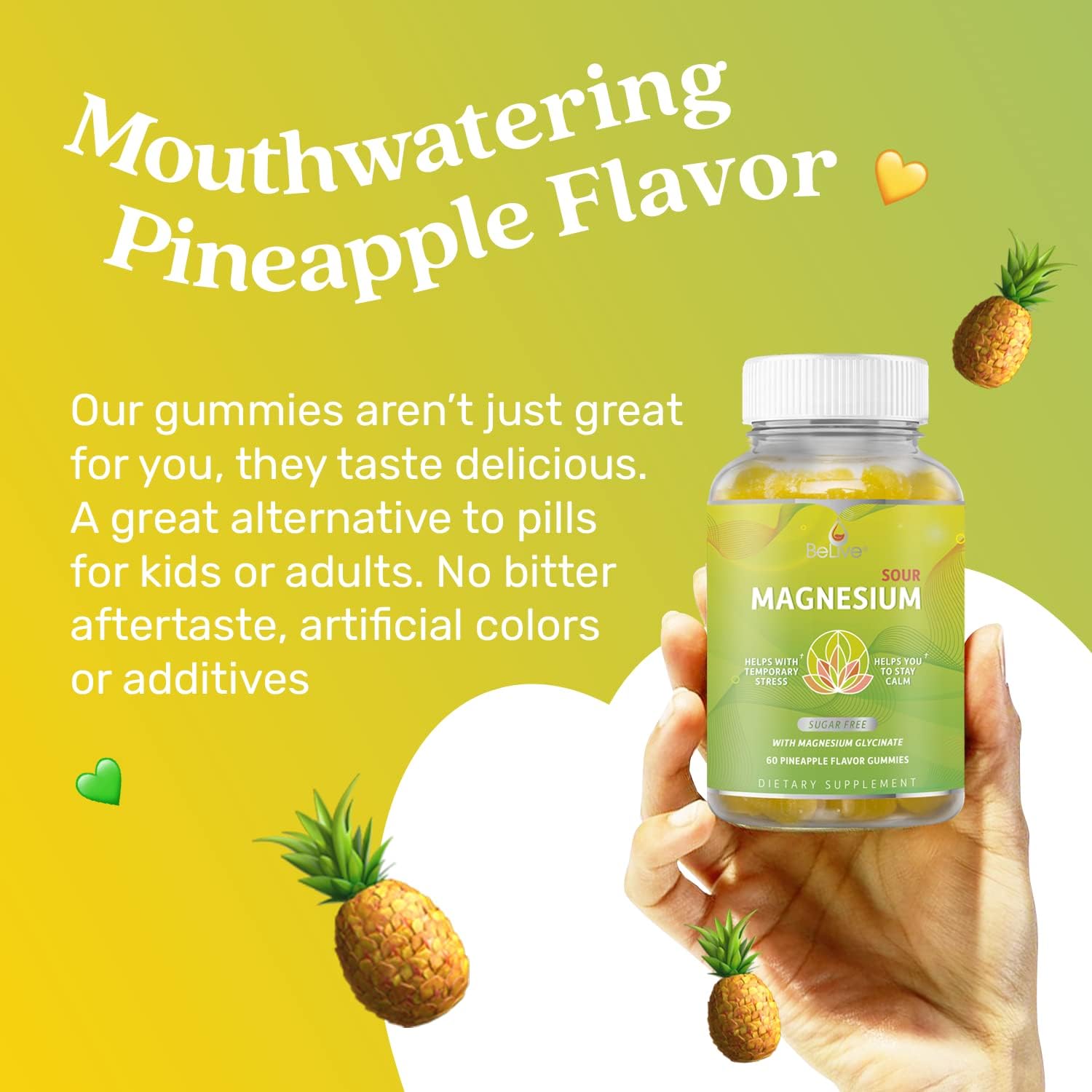 60 Count BeLive Magnesium Gummies 200mg - Pineapple Flavor for Adults & Kids | Glycinate Supplements for Relaxation, Stress Relief, and Sleep