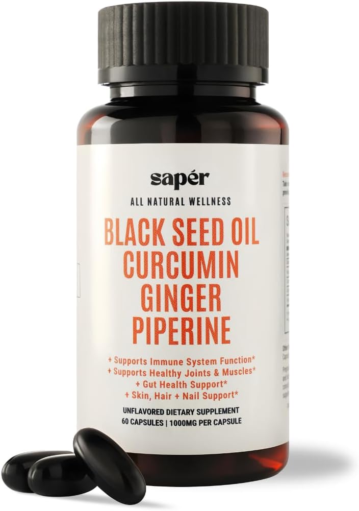 60 Count Black Seed Oil Capsules with Curcumin, Ginger, and Piperine for Immune Support, Joint & Muscle Health