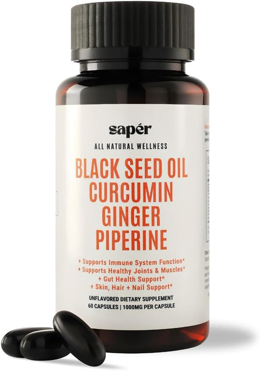 60 Count Black Seed Oil Capsules with Curcumin, Ginger, and Piperine for Immune Support, Joint & Muscle Health