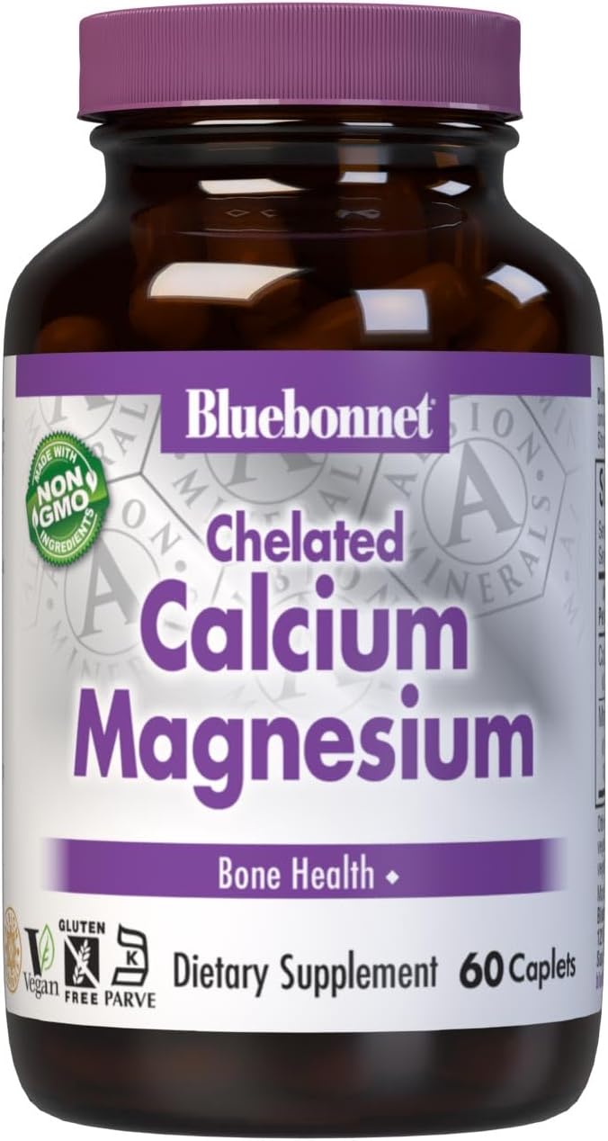 60 Count BlueBonnet Albion Chelated Calcium Magnesium Caplets for Bone Health and Immune Support