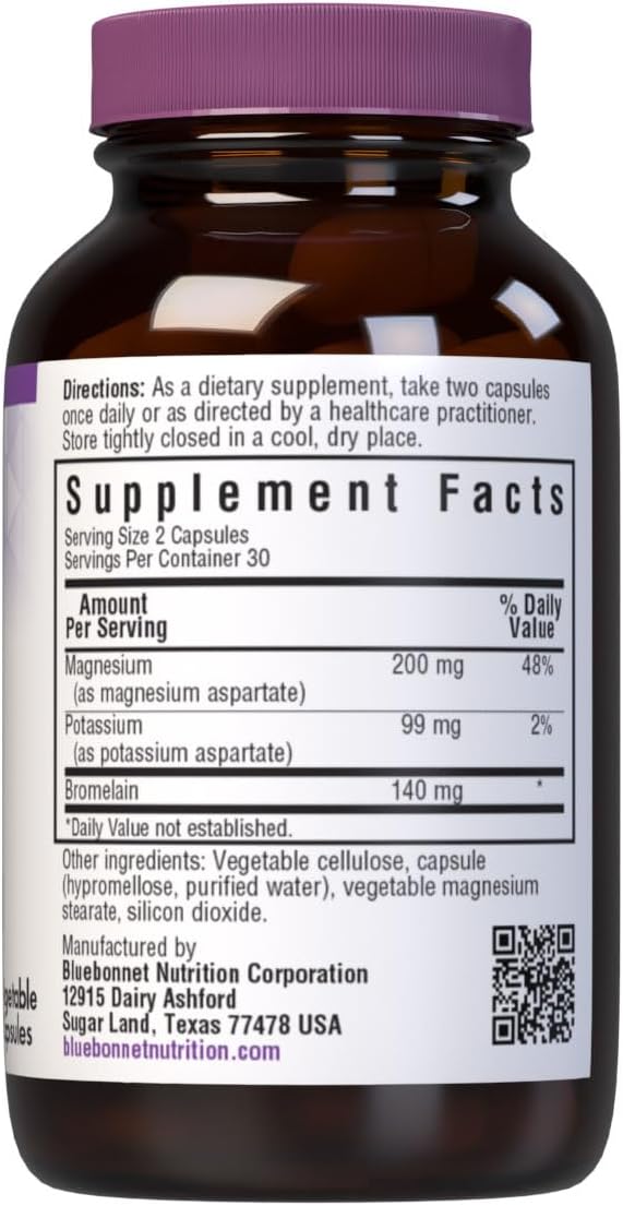 60 Count BlueBonnet Magnesium Potassium Plus Bromelain Capsules for Vegetarians