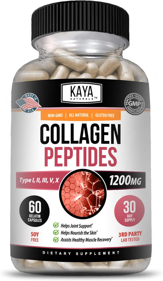 60 Count Capsules of Kaya Naturals Multi Collagen Peptides Complex Powder for Women and Men, Types I, II, III, V & X
