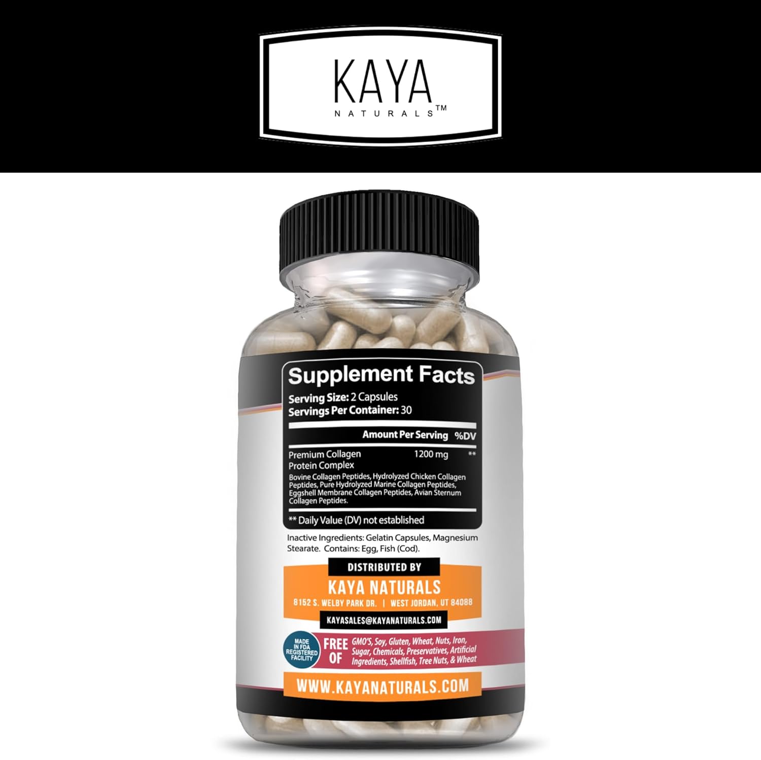 60 Count Capsules of Kaya Naturals Multi Collagen Peptides Complex Powder for Women and Men, Types I, II, III, V & X