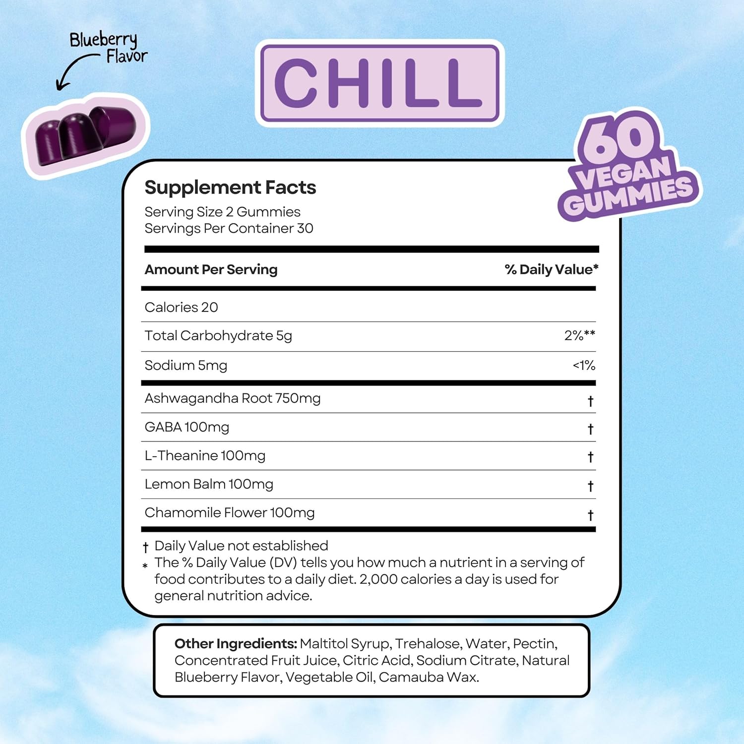 60 Count Chill Ashwagandha Vibe Gummies with GABA, L-Theanine & Chamomile