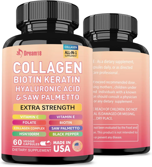 60 Count Collagen Pills with Biotin, Keratin, and Hyaluronic Acid - Hair Skin and Nails Vitamins for Men and Women