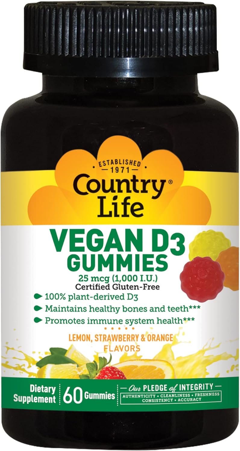 60 Count COUNTRY LIFE Vegan D3 Gummies - Natural Vitamin D Supplement for Immune Support and Bone Health