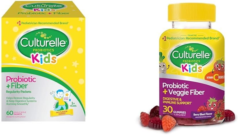 60 Count Culturelle Kids Probiotic + Fiber Packets & 30 Count Veggie Fiber Gummies - Daily Digestive and Immune Support for Kids Ages 3+ - Berry Flavor with Vitamin C