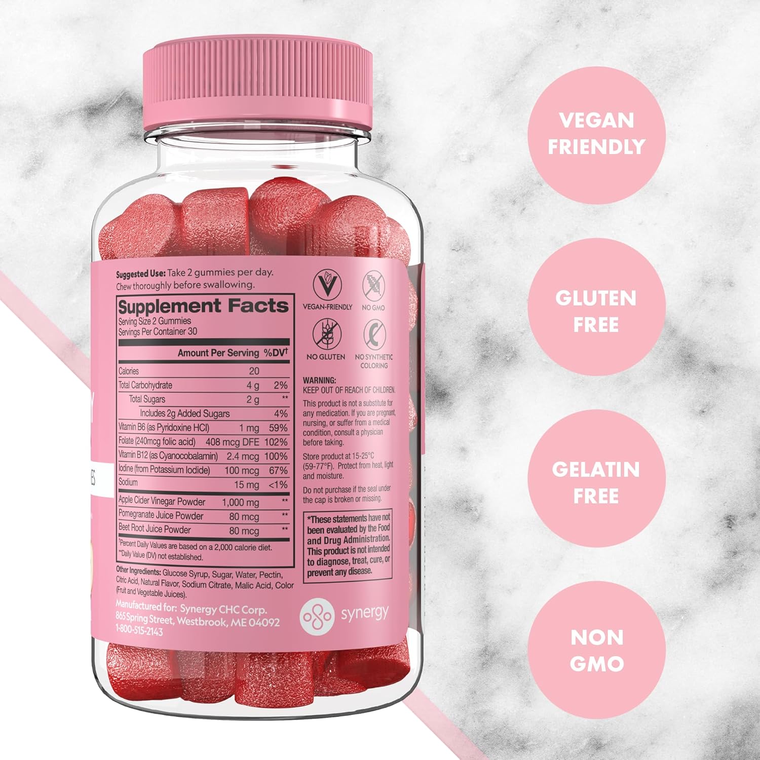 60 Count Flat Tummy Apple Cider Vinegar Gummies with Superfood Powders - Detox & Gut Health Support - Vegan & Non-GMO - Vitamins B6, B9, B12