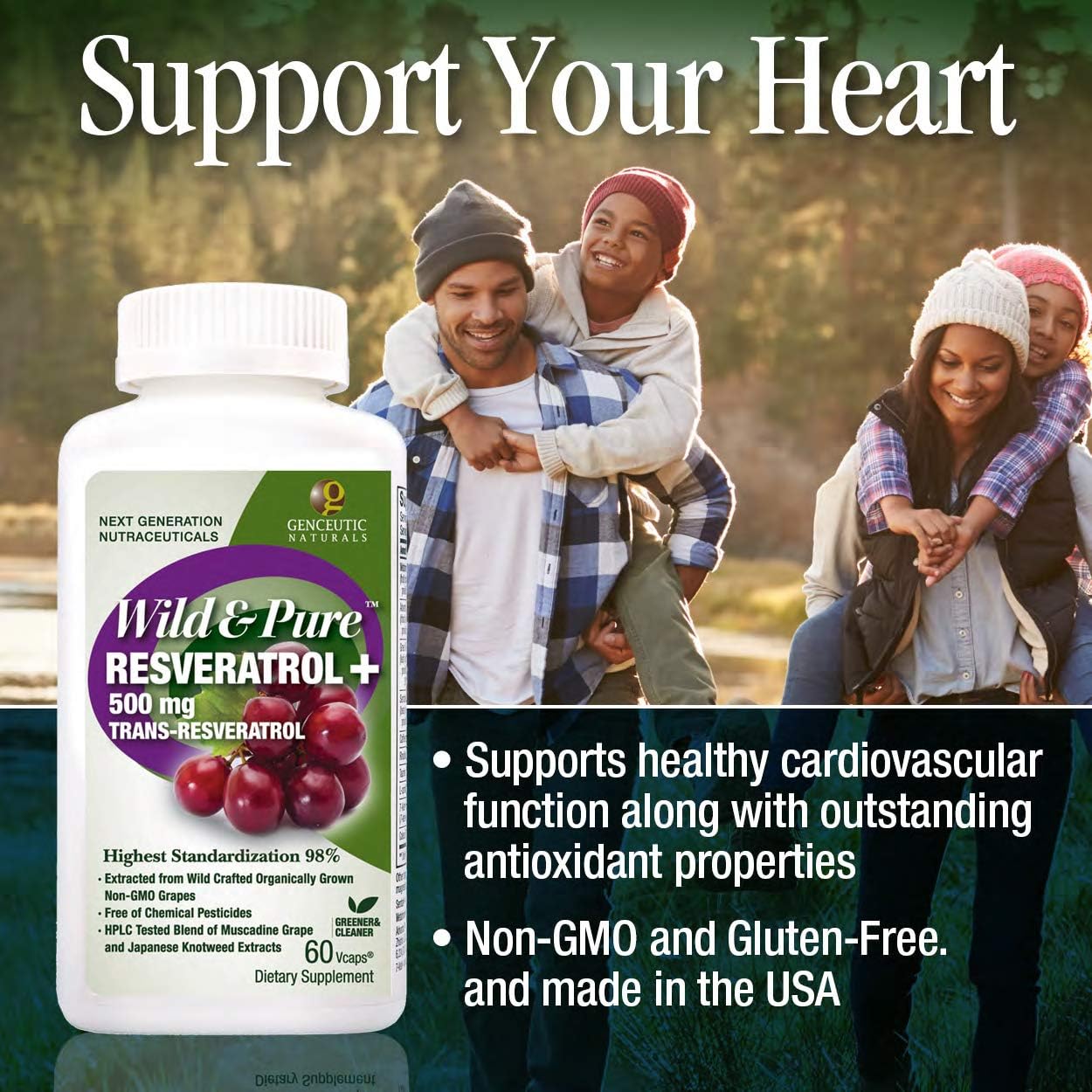 60-Count Genceutic Naturals Resveratrol Vegetarian Capsules for Heart Health & Anti-Ageing