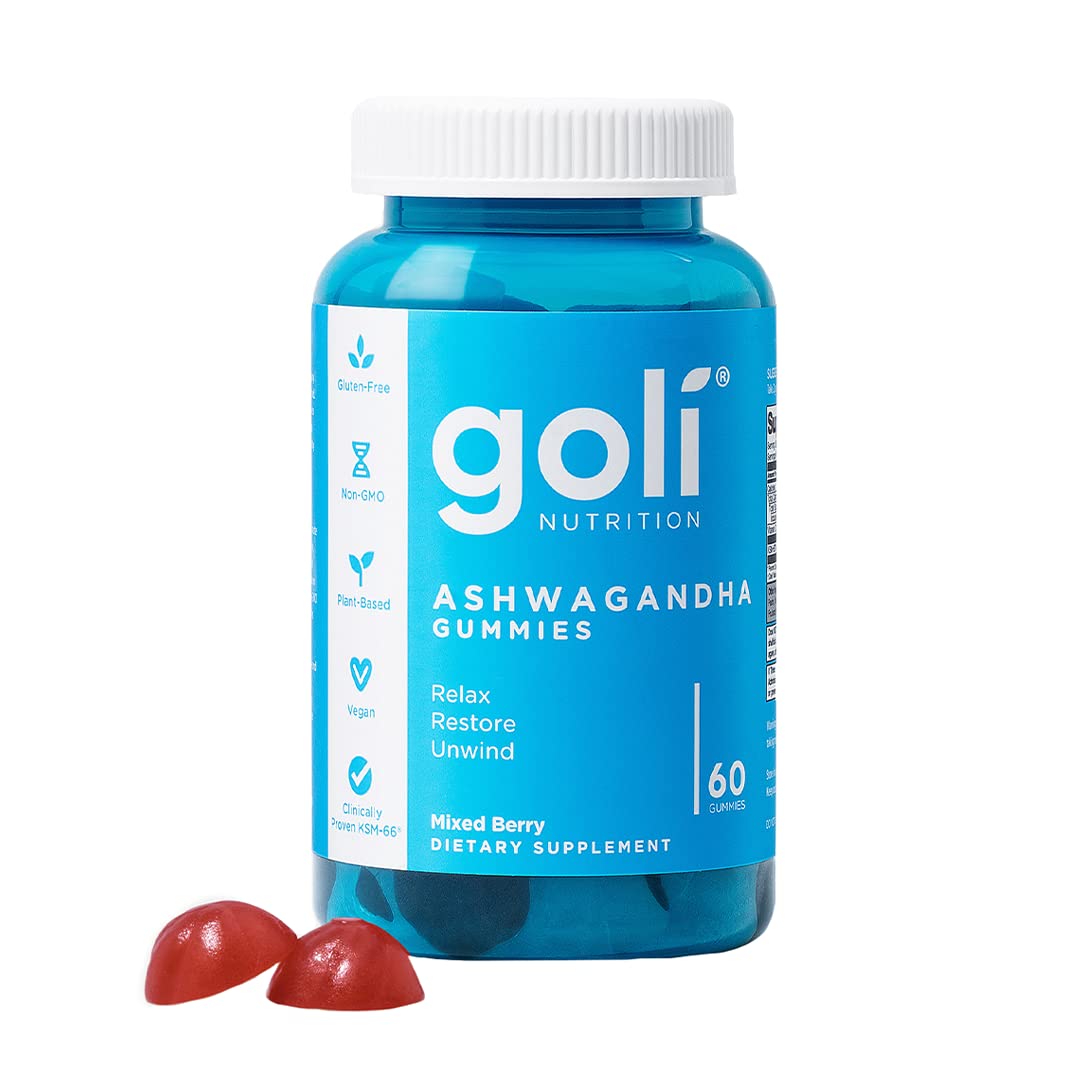 60-Count Goli Ashwagandha & Vitamin D Gummy with Mixed Berry, KSM-66, Vegan, Plant Based, Non-GMO, Gluten-Free & Gelatin Free - Relax, Restore, Unwind - Pack of 1