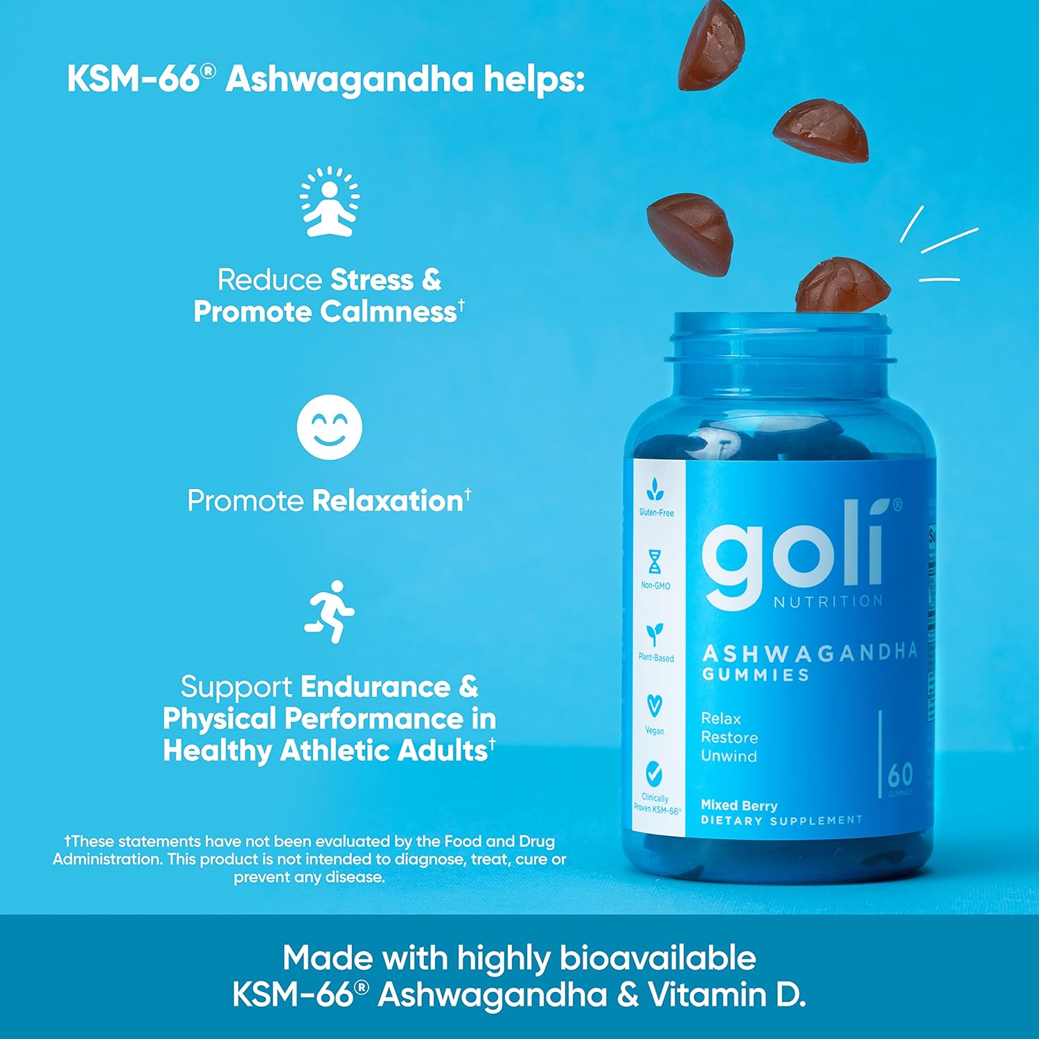 60-Count Goli Ashwagandha & Vitamin D Gummy with Mixed Berry, KSM-66, Vegan, Plant Based, Non-GMO, Gluten-Free & Gelatin Free - Relax, Restore, Unwind - Pack of 1
