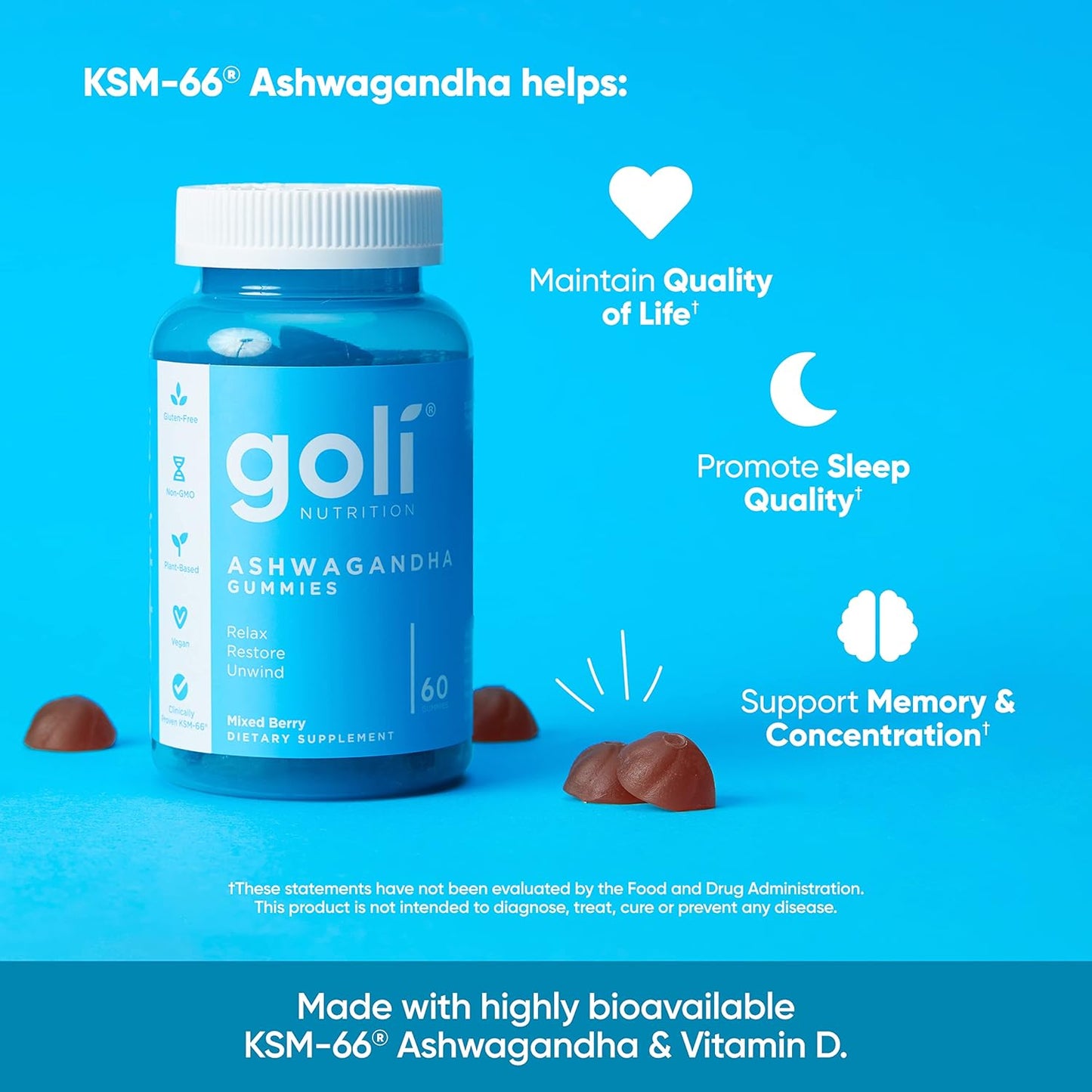 60-Count Goli Ashwagandha & Vitamin D Gummy with Mixed Berry, KSM-66, Vegan, Plant Based, Non-GMO, Gluten-Free & Gelatin Free - Relax, Restore, Unwind - Pack of 1