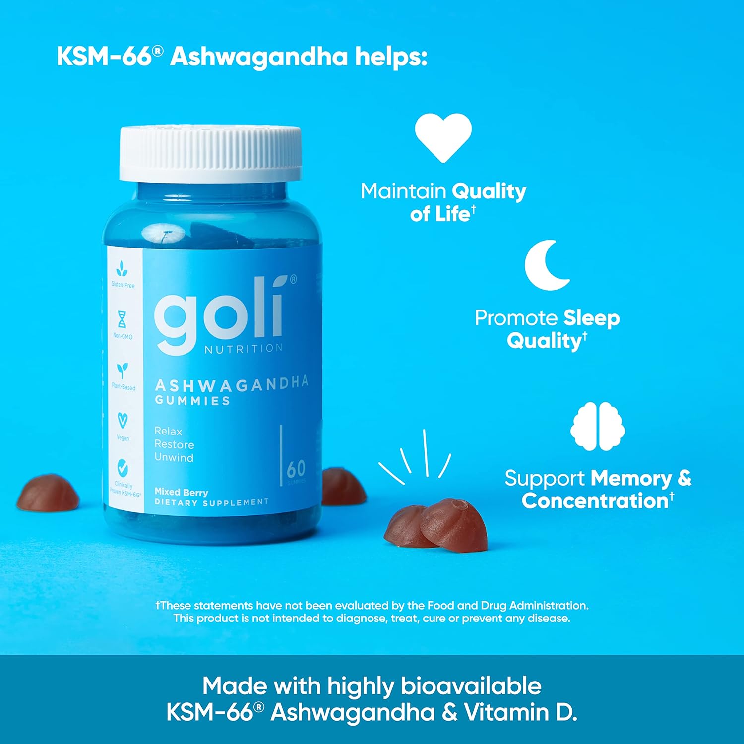 60-Count Goli Ashwagandha & Vitamin D Gummy with Mixed Berry, KSM-66, Vegan, Plant Based, Non-GMO, Gluten-Free & Gelatin Free - Relax, Restore, Unwind - Pack of 1