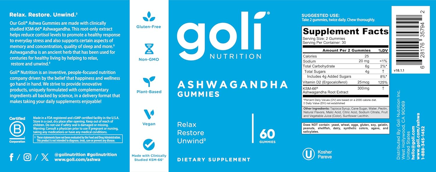 60-Count Goli Ashwagandha & Vitamin D Gummy with Mixed Berry, KSM-66, Vegan, Plant Based, Non-GMO, Gluten-Free & Gelatin Free - Relax, Restore, Unwind - Pack of 1