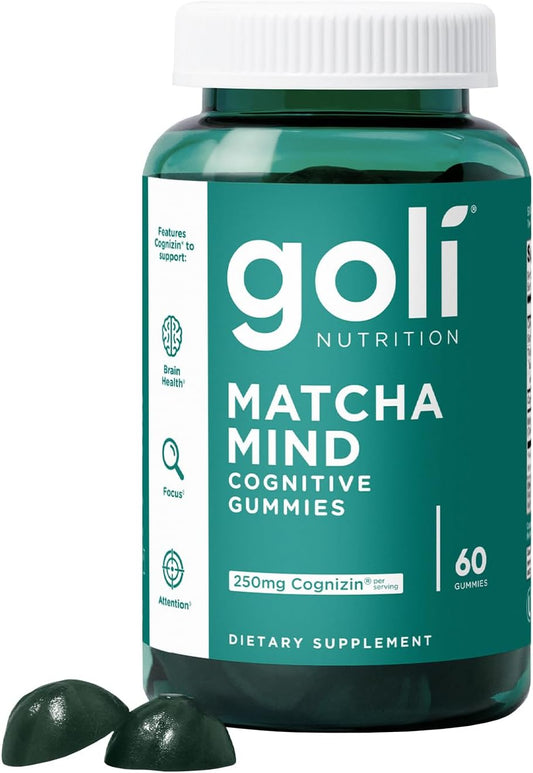 60 Count Goli Matcha Mind Gummies with Cognizin for Focus & Brain Health - Vegan, Non-GMO, Gluten-Free & Gelatin Free