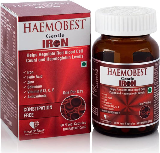 60 Count HealthBest Haemobest Iron Power Capsules - Gentle on Stomachs - Non-Constipating Formula - Boost Hemoglobin and Red Blood Cells Support