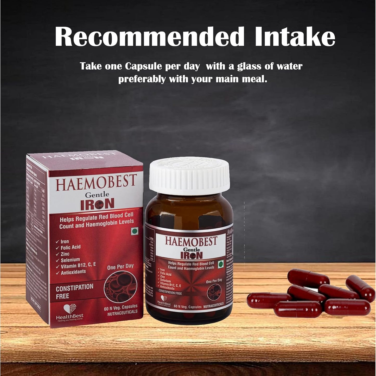 60 Count HealthBest Haemobest Iron Power Capsules - Gentle on Stomachs - Non-Constipating Formula - Boost Hemoglobin and Red Blood Cells Support