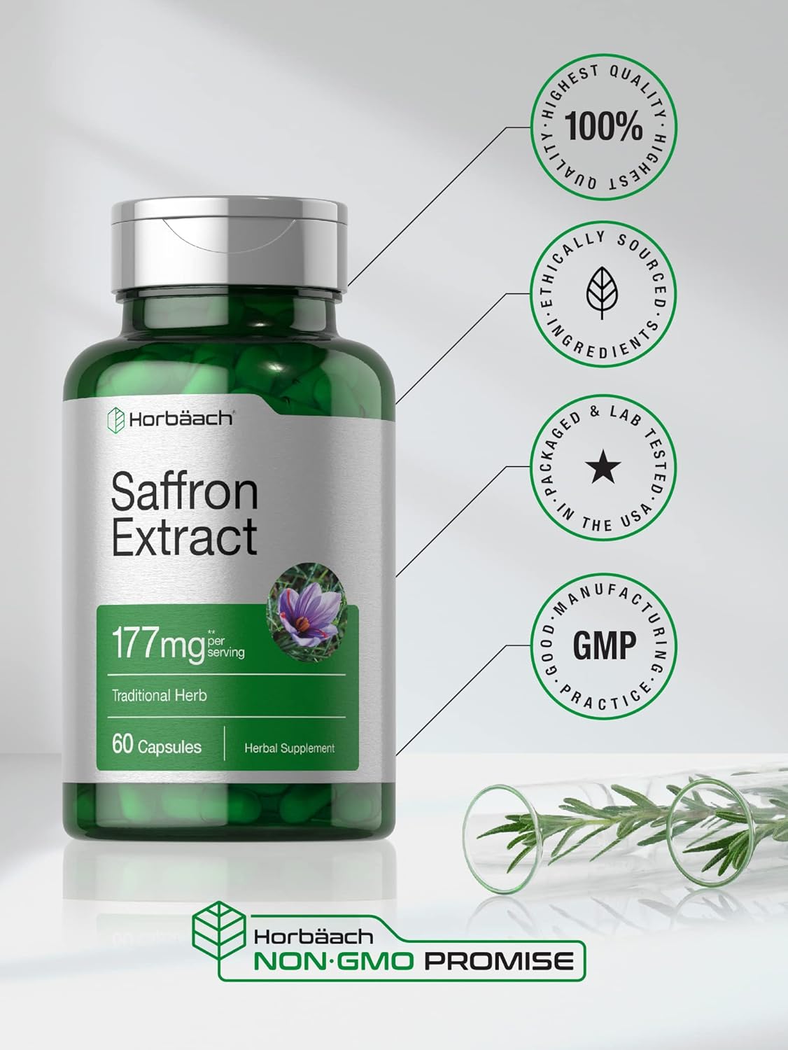 60 Count Horbäach Saffron Extract Capsules 177 mg | Non-GMO, Gluten Free Dietary Supplement