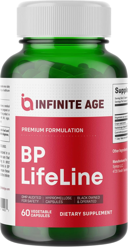 60 Count Infinite Age BP Lifeline Capsules - Heart Health Support Supplement with Grapeseed Extract, Nattokinase, Quercetin, Magnesium - USA Made
