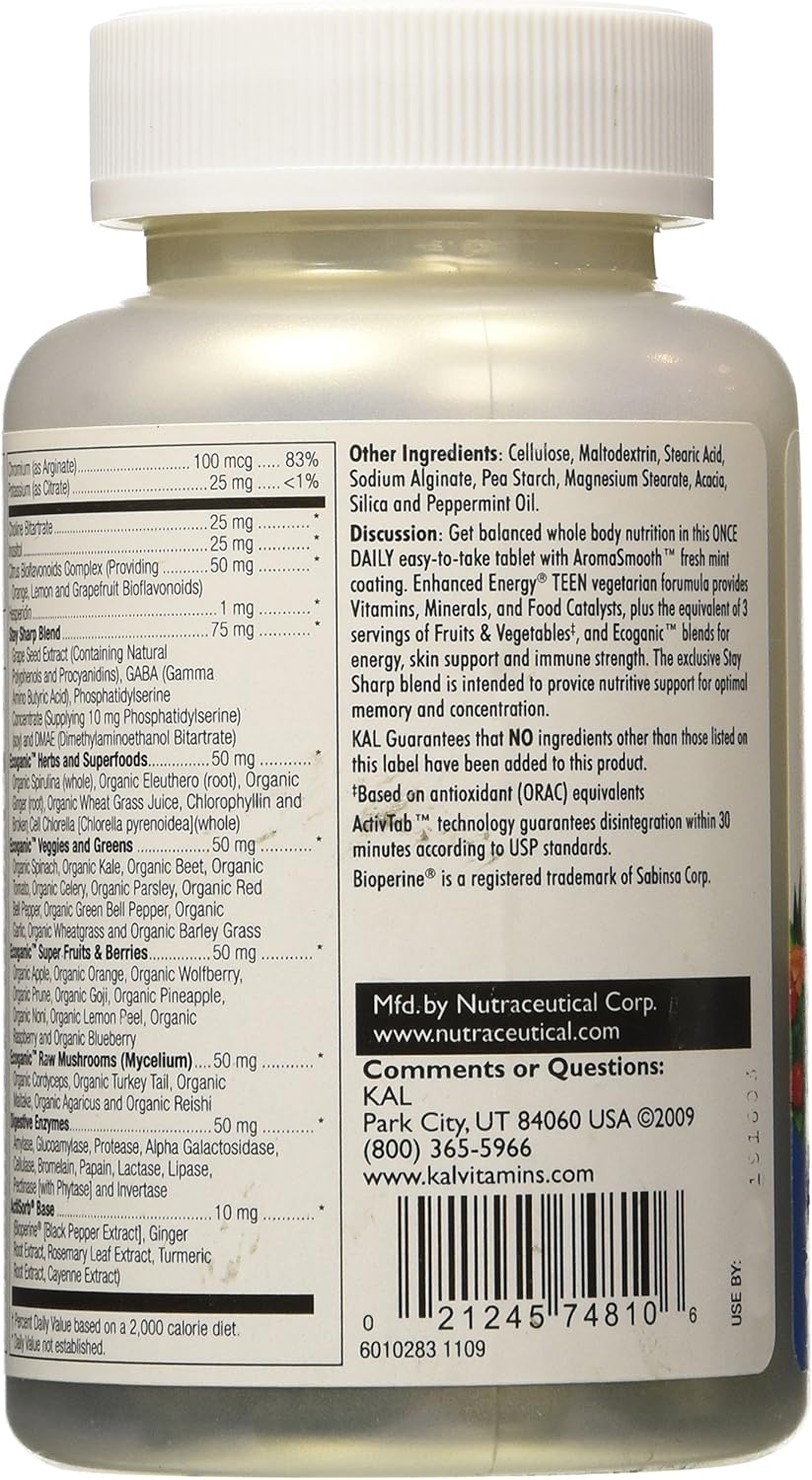 60 Count KAL Enhanced Energy Tablets for Teens - Natural Energy Boost Supplement