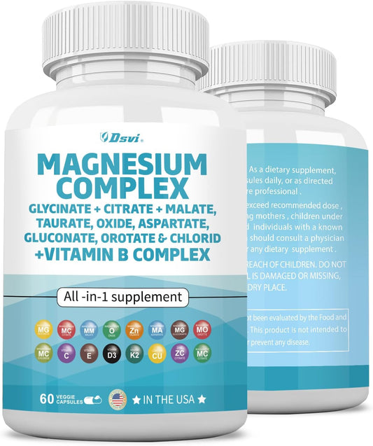 60 Count Magnesium Complex with Zinc, Copper, Manganese & Vitamin C - 2285mg Magnesium Glycinate Citrate Malate Oxide Taurate Aspartate Gluconate Orotate & Mag Chloride - B1 B2 B6 B12 Complex - Made in USA