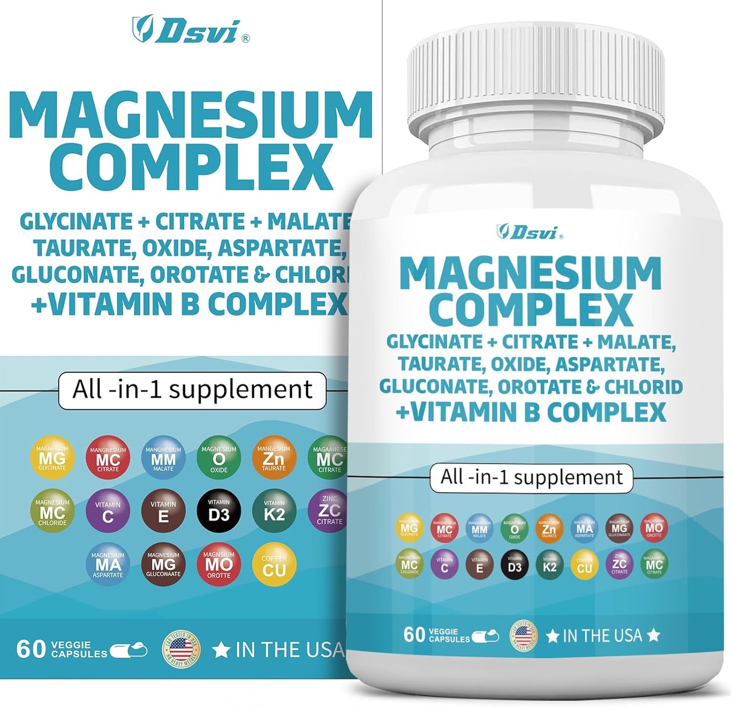 60 Count Magnesium Complex with Zinc, Copper, Manganese & Vitamin C - 2285mg Magnesium Glycinate Citrate Malate Oxide Taurate Aspartate Gluconate Orotate & Mag Chloride - B1 B2 B6 B12 Complex - Made in USA