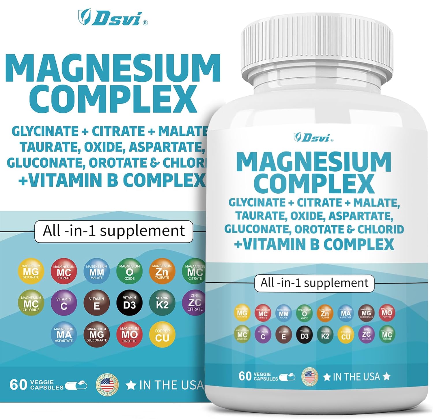 60 Count Magnesium Complex with Zinc, Copper, Manganese & Vitamin C - 2285mg Magnesium Glycinate Citrate Malate Oxide Taurate Aspartate Gluconate Orotate & Mag Chloride - B1 B2 B6 B12 Complex - Made in USA
