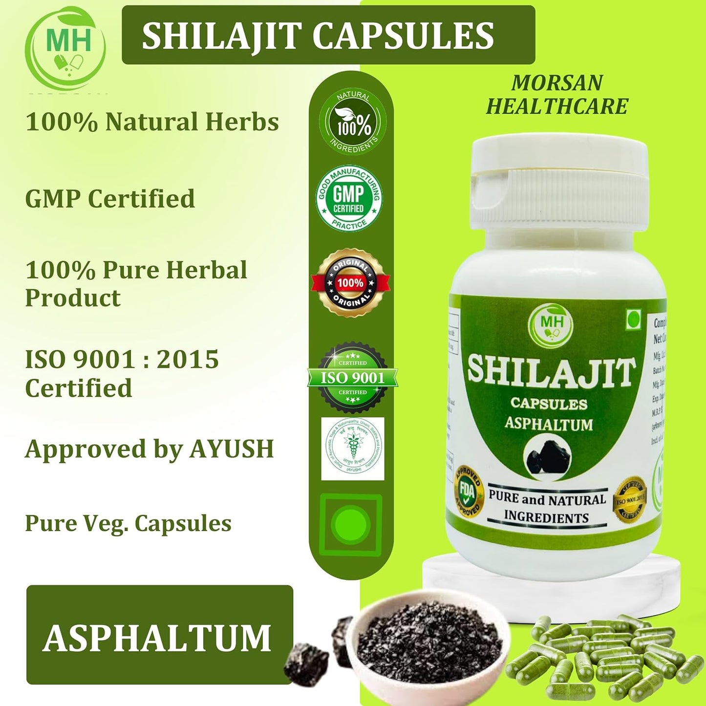 60 Count Morsan Healthcare Shilajit (Asphaltum) Capsules, 500mg - Pure & Natural Veggie Capsules, Pack of 1
