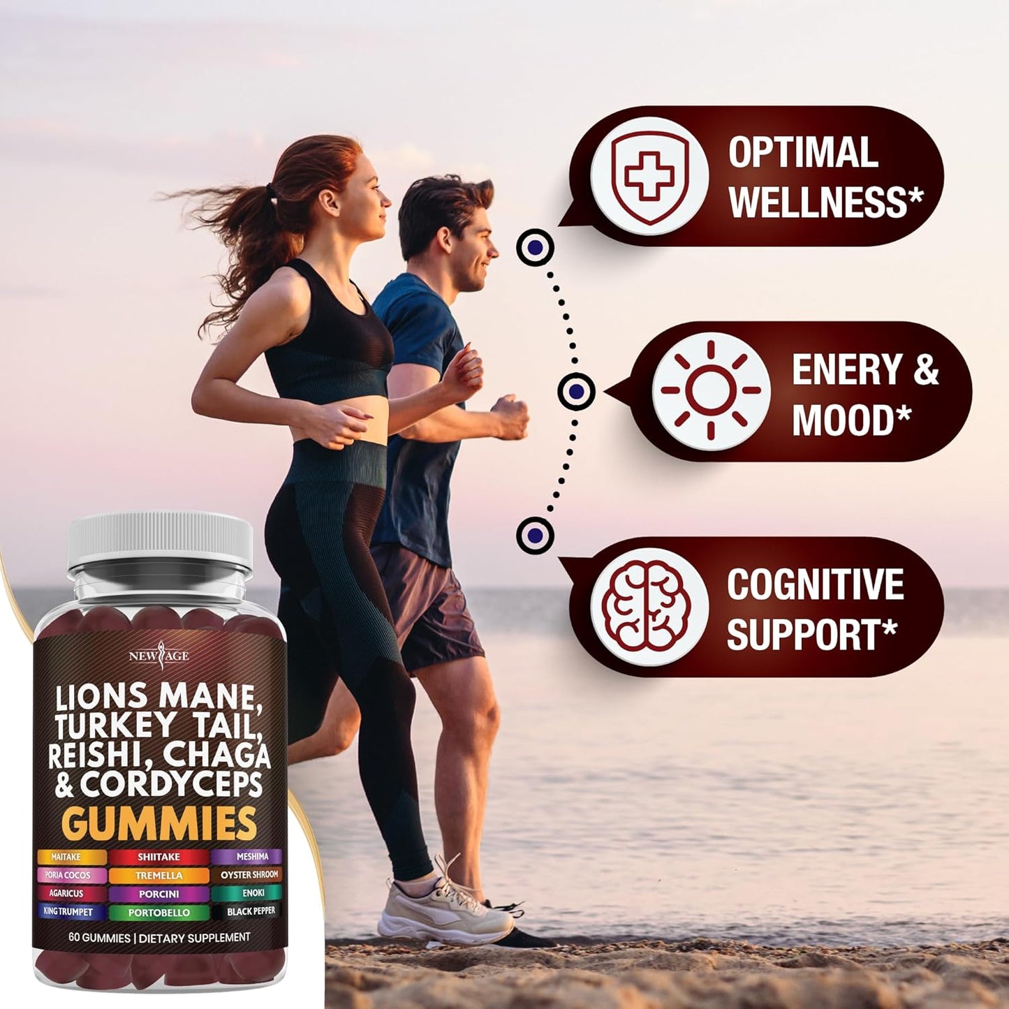 60 Count Mushroom Lion's Mane, Reishi, Cordyceps Gummies - New Age Mushroom Supplement