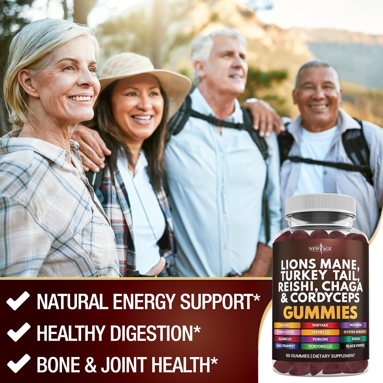 60 Count Mushroom Lion's Mane, Reishi, Cordyceps Gummies - New Age Mushroom Supplement