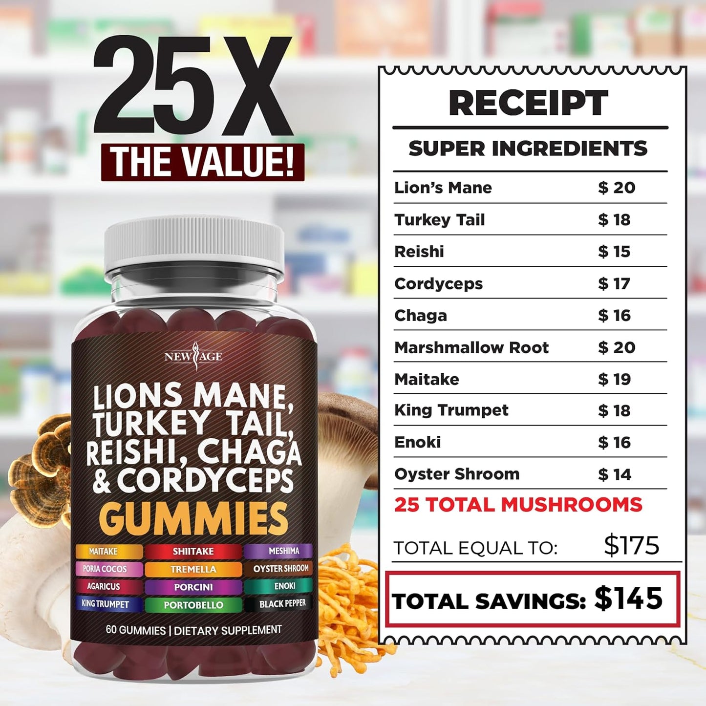 60 Count Mushroom Lion's Mane, Reishi, Cordyceps Gummies - New Age Mushroom Supplement