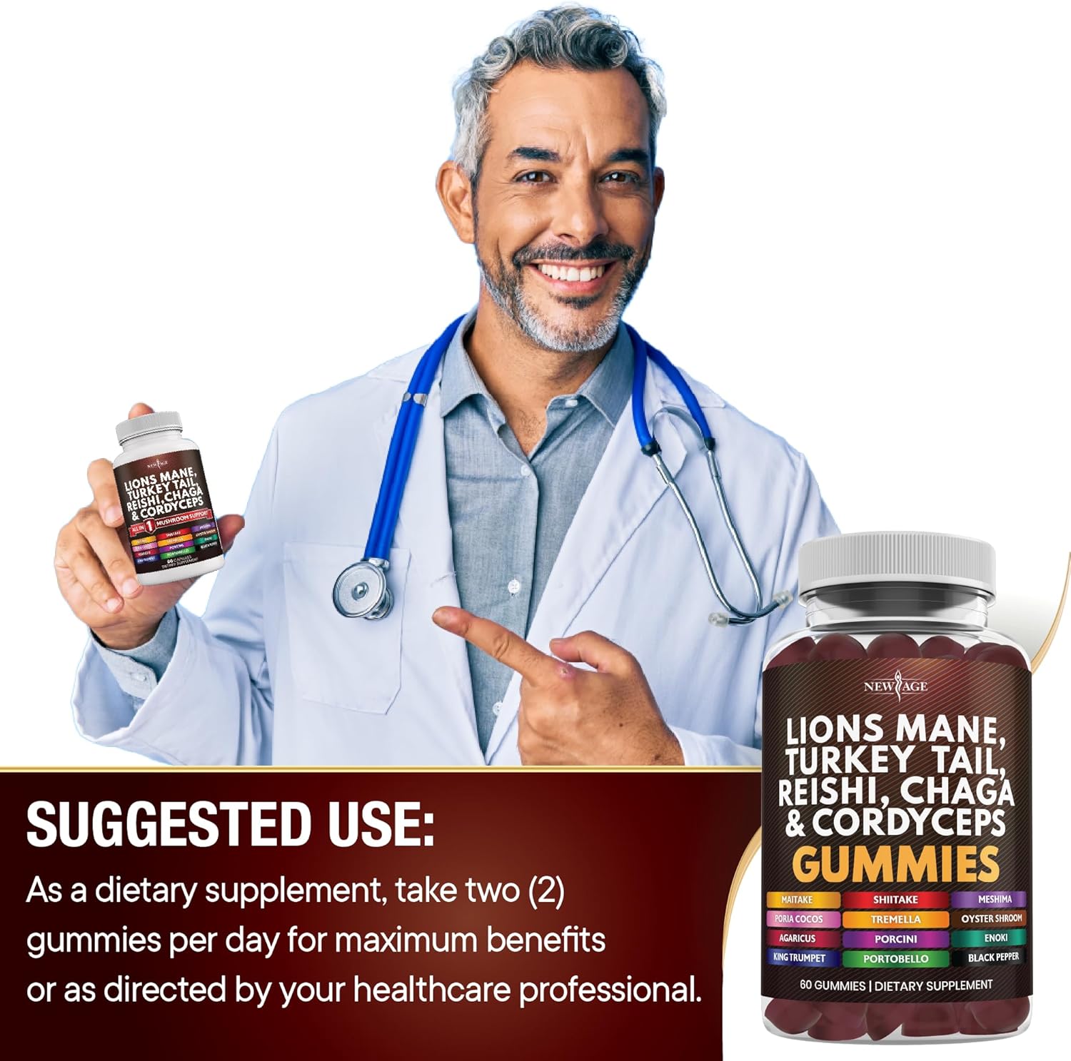 60 Count Mushroom Lion's Mane, Reishi, Cordyceps Gummies - New Age Mushroom Supplement