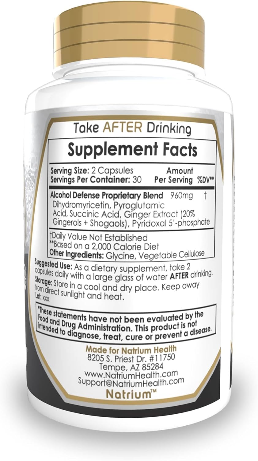 60 Count Natrium Health Alcohol Defense Capsules with Dihydromyricetin & Ginger Extract for Healthy Alcohol Metabolism