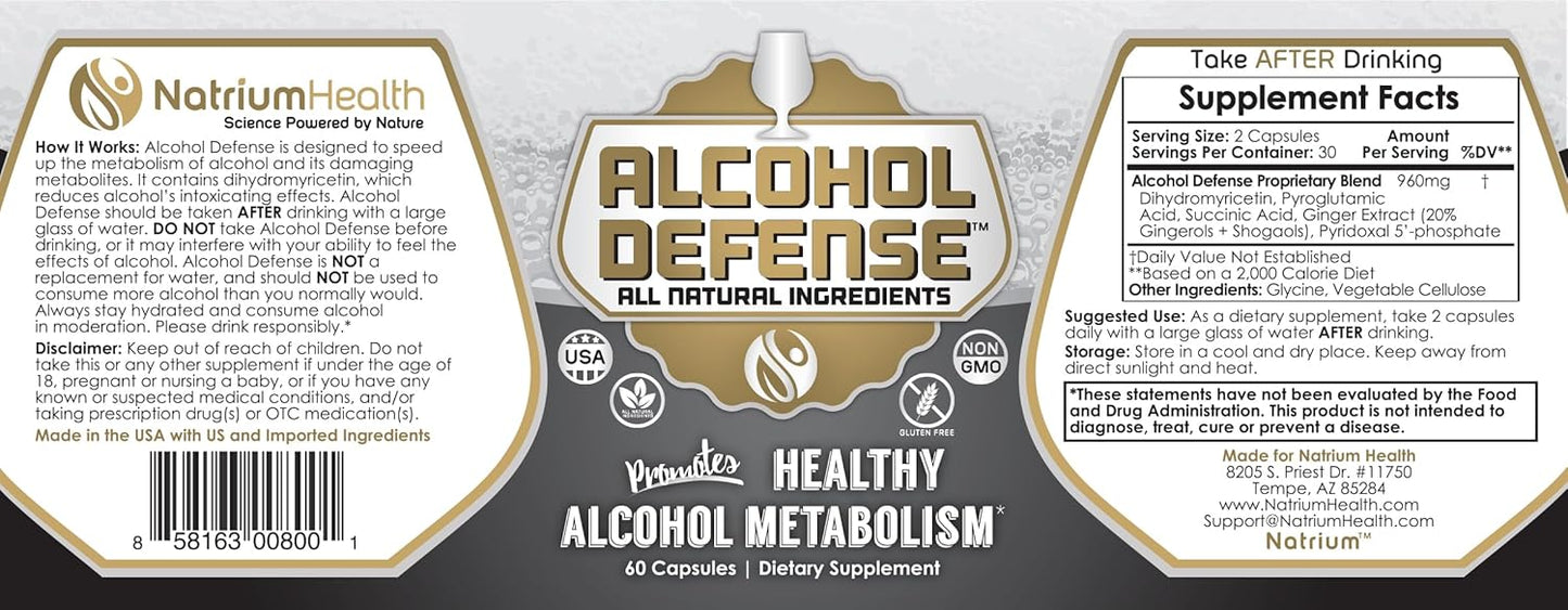 60 Count Natrium Health Alcohol Defense Capsules with Dihydromyricetin & Ginger Extract for Healthy Alcohol Metabolism