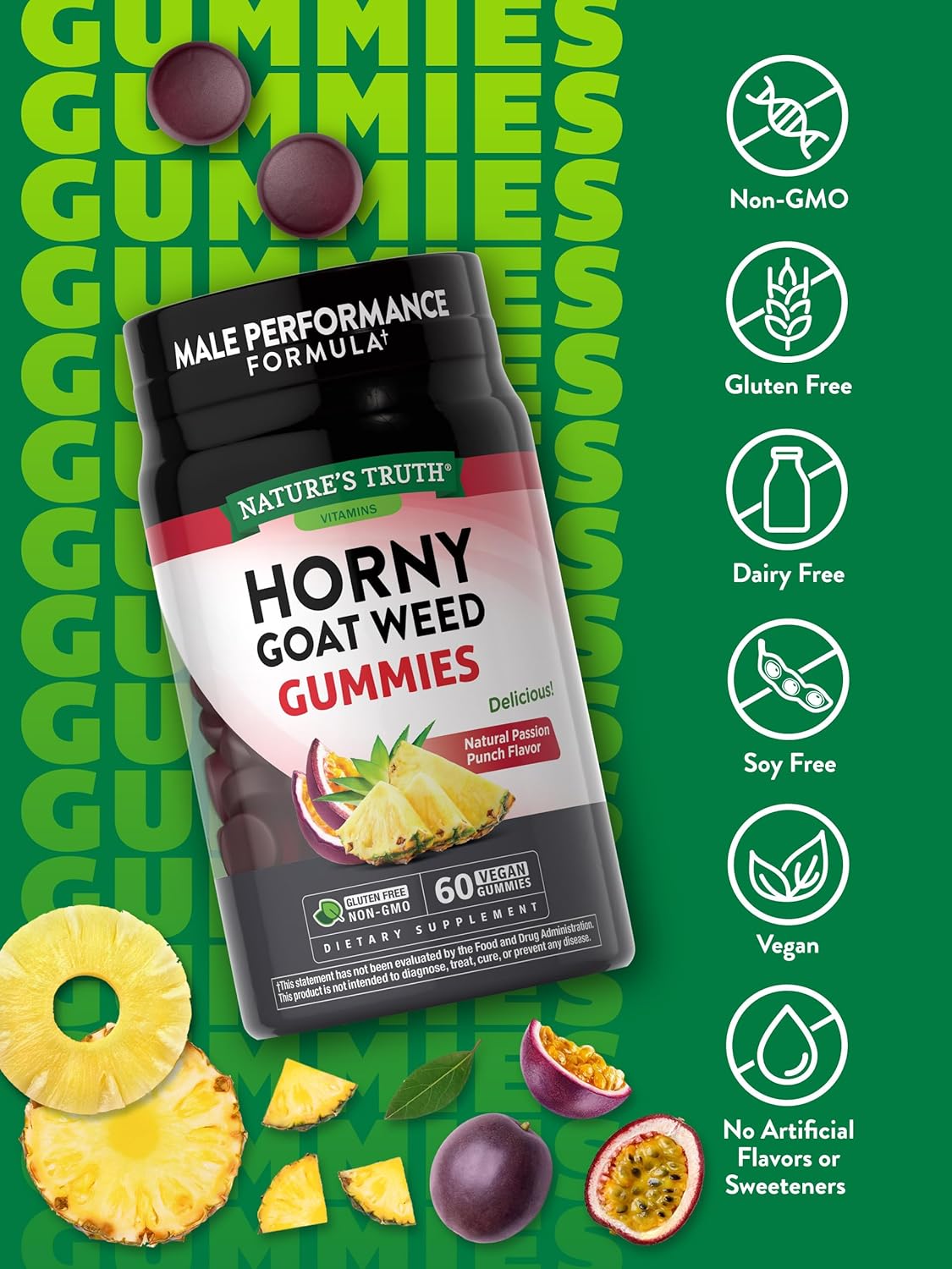 60 Count Nature's Truth Horny Goat Weed Gummies with Maca Root - Vegan, Non-GMO, Gluten Free Men's Supplement - Passion Punch Flavor