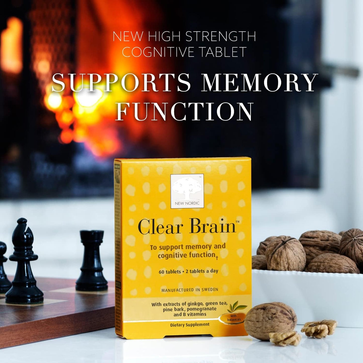 60 Count New Nordic Clear Brain Tablets with Green Tea & Walnut for Cognitive Health & Memory, Made in Sweden